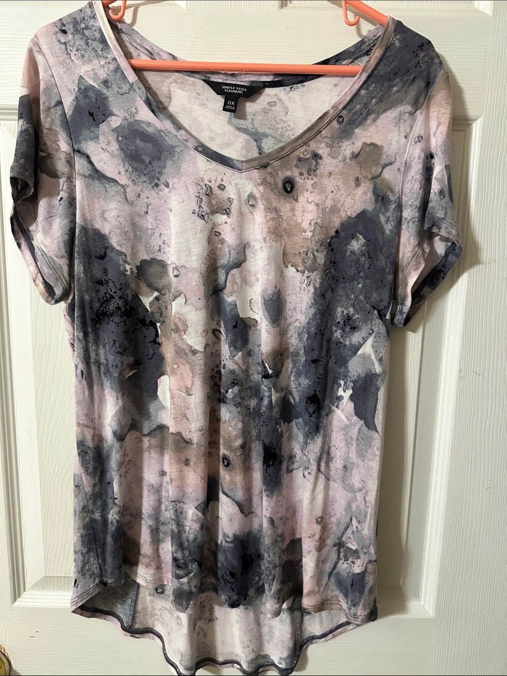 Women’s V-Neck Short Sleeve Tee in Pink & Gray Tie-Dye